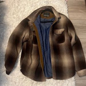 Mens Jachs New York Wool Blend Shirt Jacket L Fully Lined Brown Plaid B05